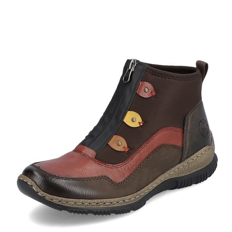 Bottines / bottillon multicolores pour femme de la marque Rieker. Référence N3277-25 Mokka. Disponible chez Chauss'Family magasin de chaussures à Issoire.