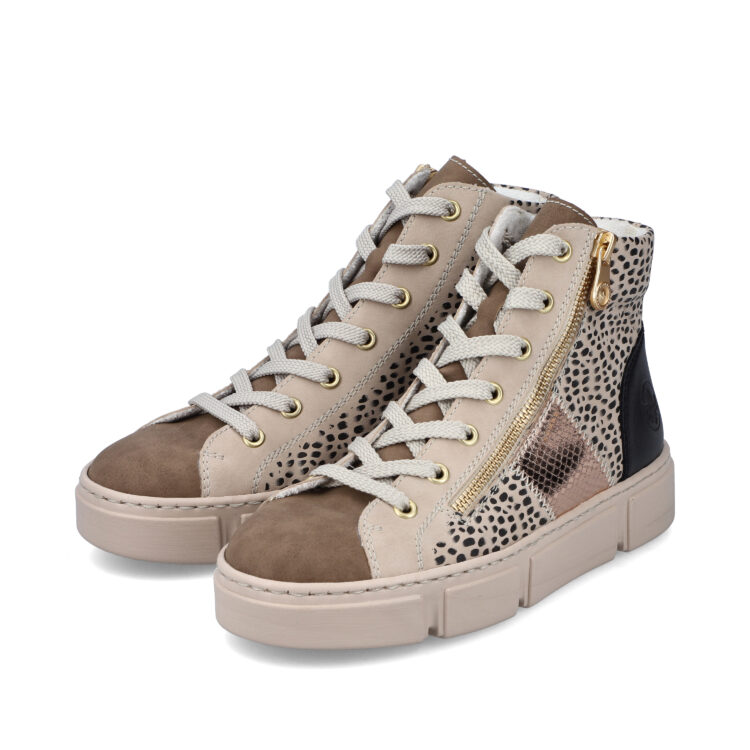 Baskets montantes beiges pour femme marque Rieker. Référence N5931-62 Morelia. Disponible chez Chauss'Family magasin de chaussures Issoire