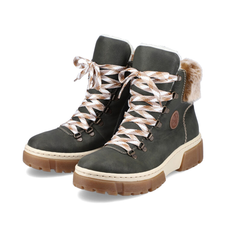 Bottines vertes chaudes pour femme marque Rieker. Référence X8647-54 Forest. Disponible chez Chauss'Family magasin de chaussures Issoire.