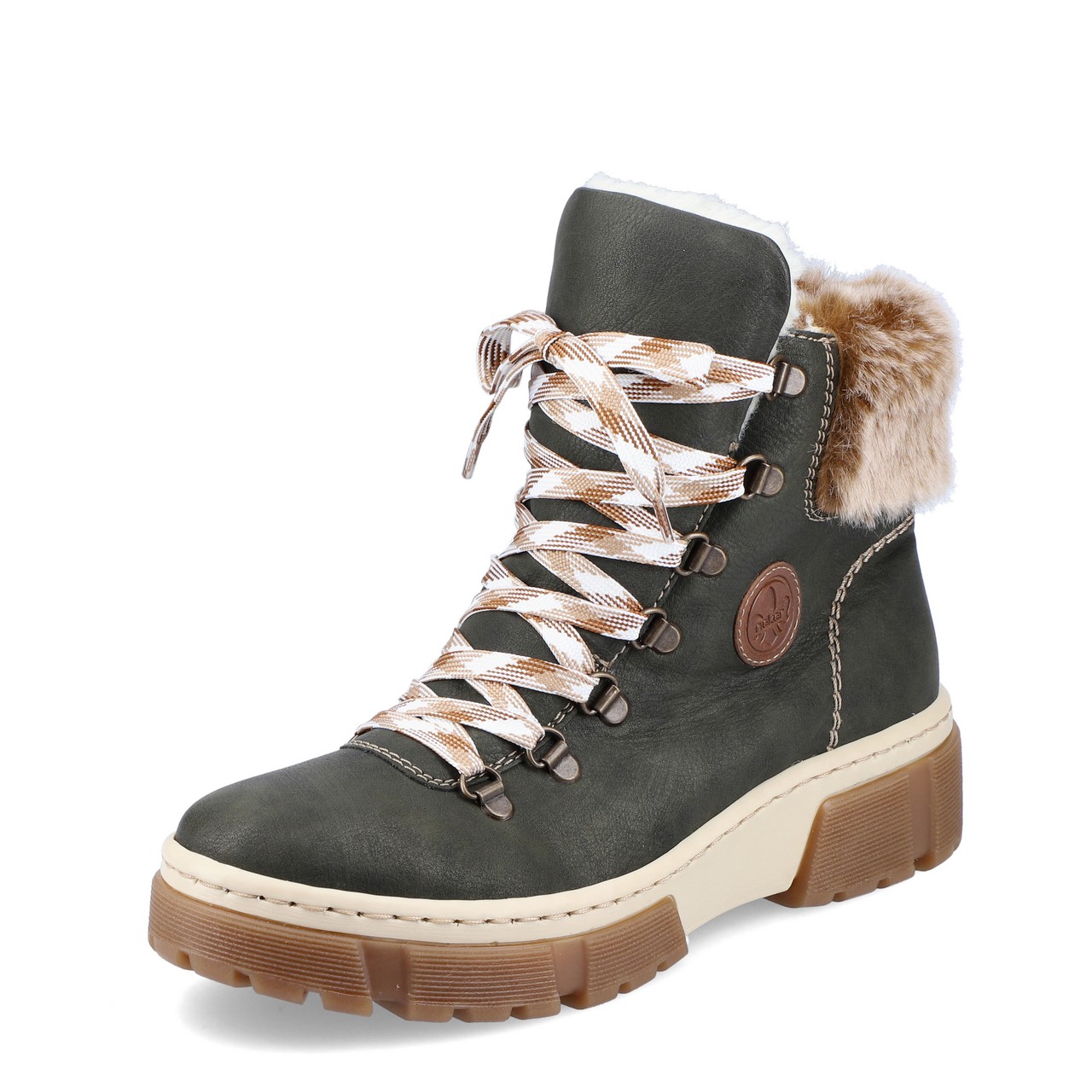 Bottines vertes chaudes pour femme marque Rieker. Référence X8647-54 Forest. Disponible chez Chauss'Family magasin de chaussures Issoire.