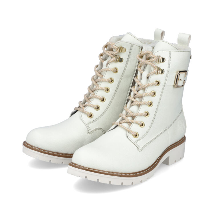 Bottines blanches chaudes pour femme marque Rieker. Référence Y9126-80 Dirty White. Disponible chez Chauss'Family magasin de chaussures Issoire.