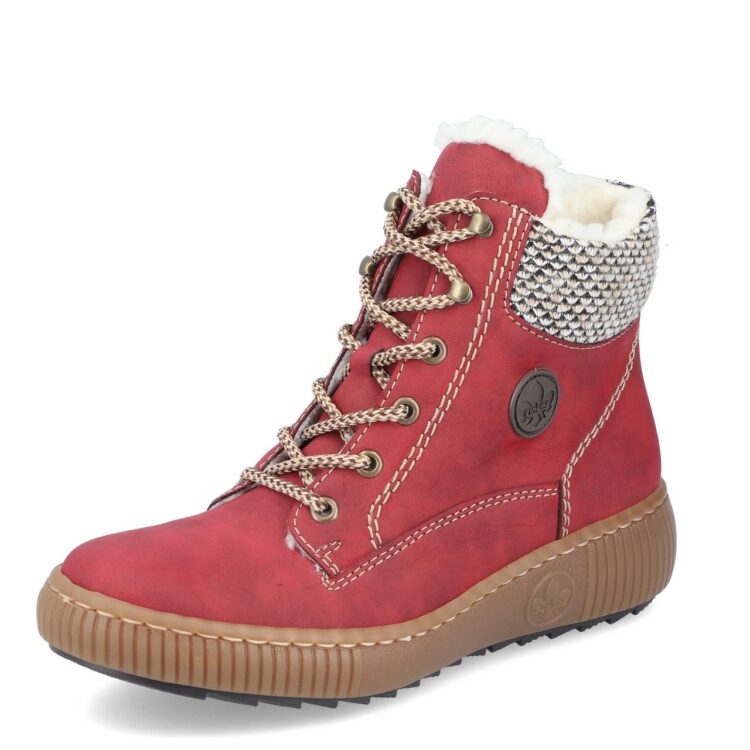 Bottines rouges chaudes pour femme marque Rieker. Référence Z6620-33 Rot. Disponible chez Chauss'Family magasin de chaussures Issoire.