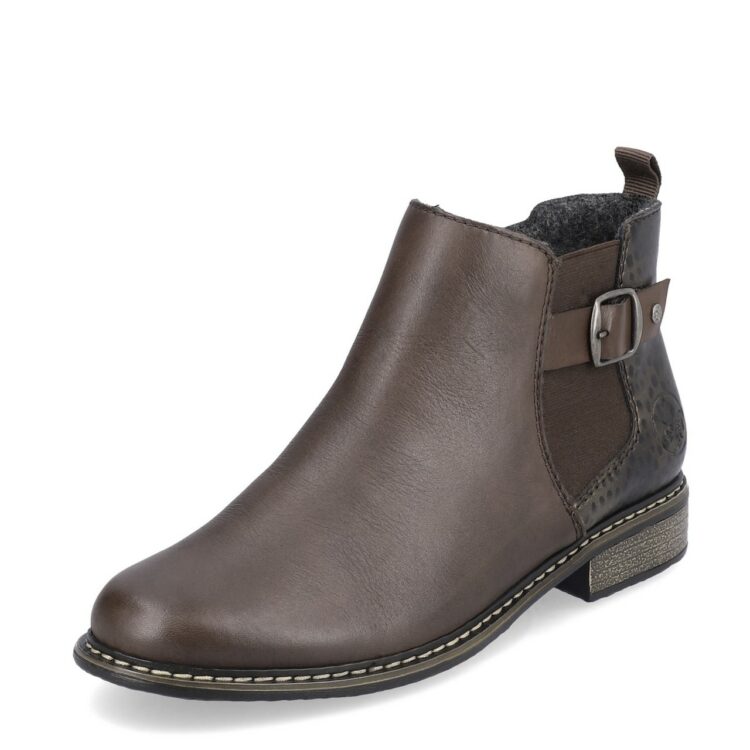 Bottines marron pour femme marque Rieker. Référence Z4965-25 Merbau. Disponible chez Chauss'Family magasin de chaussures Issoire.