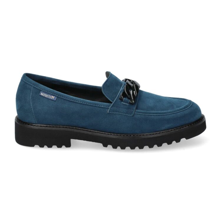 Mocassins bleu canard pour femme marque Mephisto. Référence Salka 1220 L Peacok blue. Disponible chez Chauss'Family magasin de chaussures à Issoire.