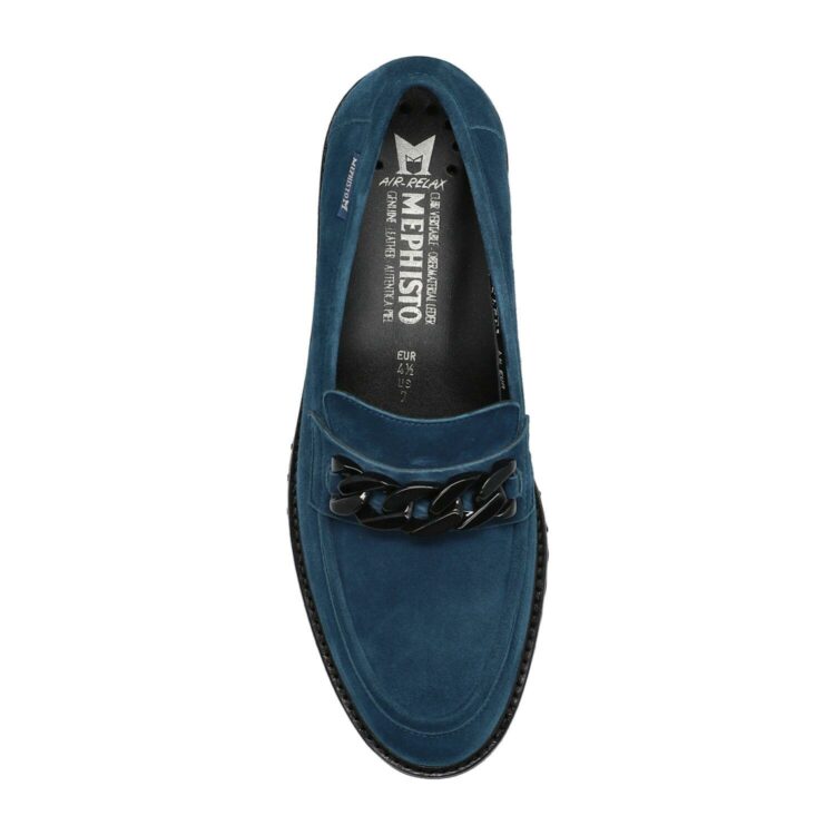 Mocassins bleu canard pour femme marque Mephisto. Référence Salka 1220 L Peacok blue. Disponible chez Chauss'Family magasin de chaussures à Issoire.