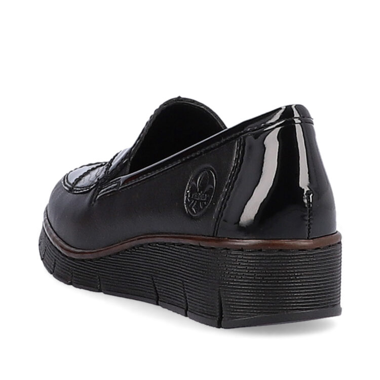 Mocassin talon compensé de la marque Rieker. Référence 53785-00 Schwarz. Disponible chez Chauss'Family magasin de chaussures à Issoire.