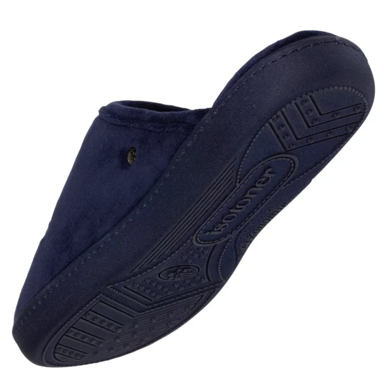 Mules motif chat pour femme marque Isotoner. Référence 97386 Marine. Disponible chez Chauss'Family magasin de chaussures à Issoire.