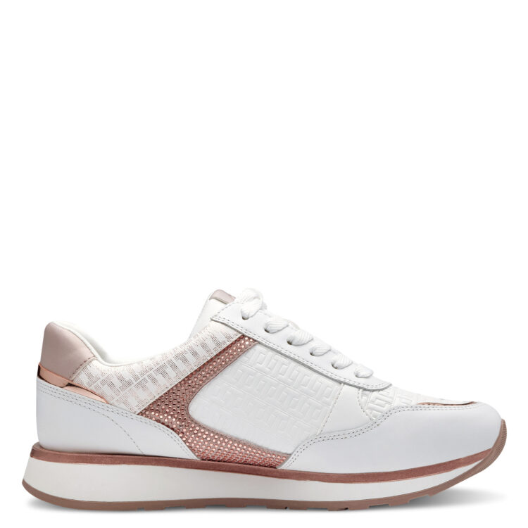 Baskets blanches de la marque Tamaris. Référence 23755-42 119 Wht/rose gold. Disponible chez Chauss'Family magasin de chaussures à Issoire.