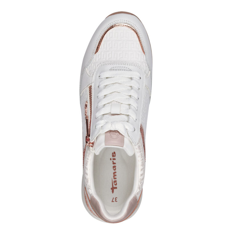 Baskets blanches de la marque Tamaris. Référence 23755-42 119 Wht/rose gold. Disponible chez Chauss'Family magasin de chaussures à Issoire.