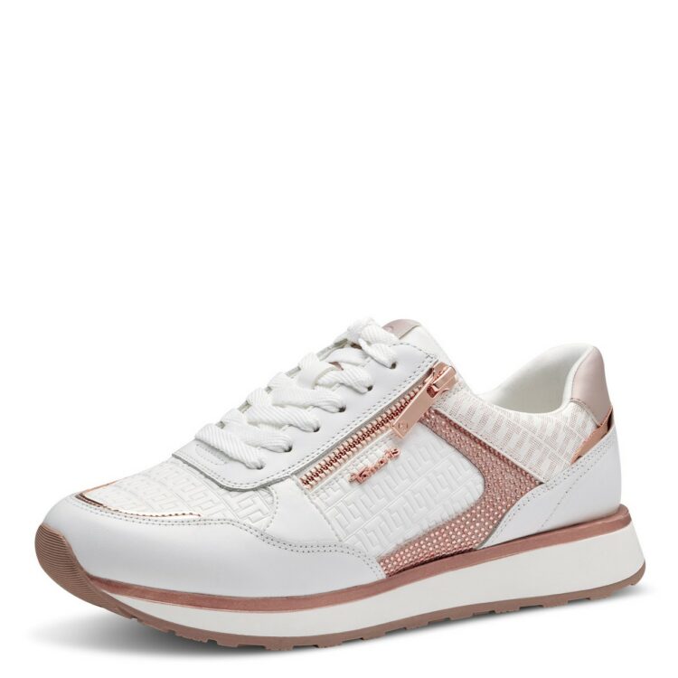 Baskets blanches de la marque Tamaris. Référence 23755-42 119 Wht/rose gold. Disponible chez Chauss'Family magasin de chaussures à Issoire.