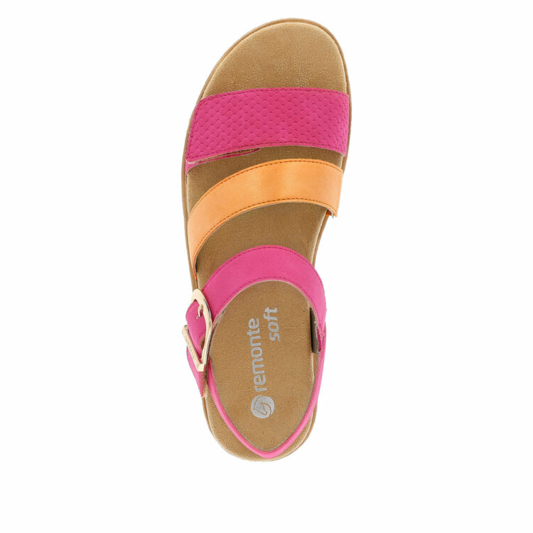 Sandales rose et orange avec semelles amovibles pour femme de la marque Remonte. Référence : D0Q55-31 Magenta Orange. Disponible chez Chauss'Family à Issoire.