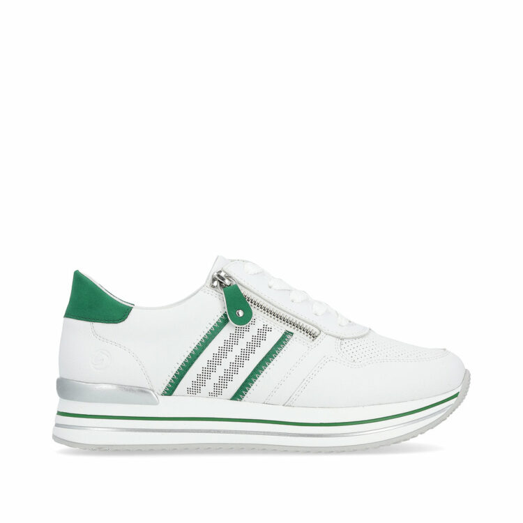 Baskets blanche et verte pour femme marque Remonte. Référence D1318-82 Weiss. Disponible chez Chauss'Family magasin de chaussures à Issoire.