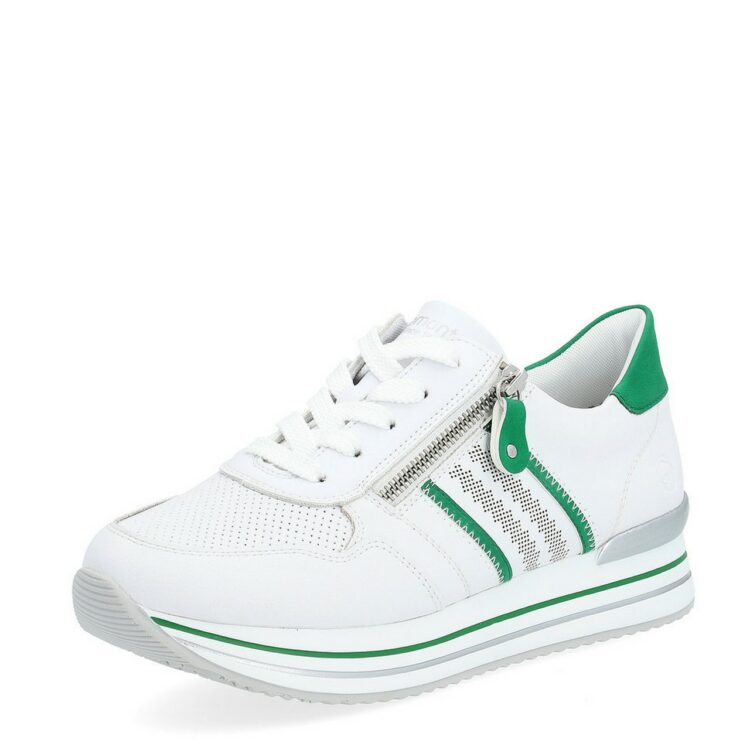 Baskets blanche et verte pour femme marque Remonte. Référence D1318-82 Weiss. Disponible chez Chauss'Family magasin de chaussures à Issoire.