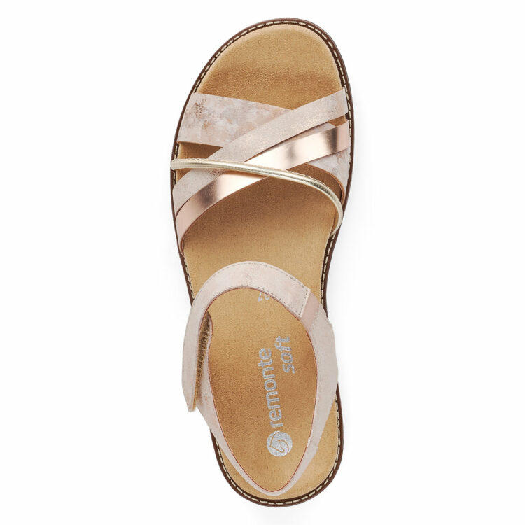 Sandales métallisées pour femme de la marque Remonte. Référence : D2058-31 rosa gold. Disponible chez Chauss'Family magasin de chaussures à Issoire.