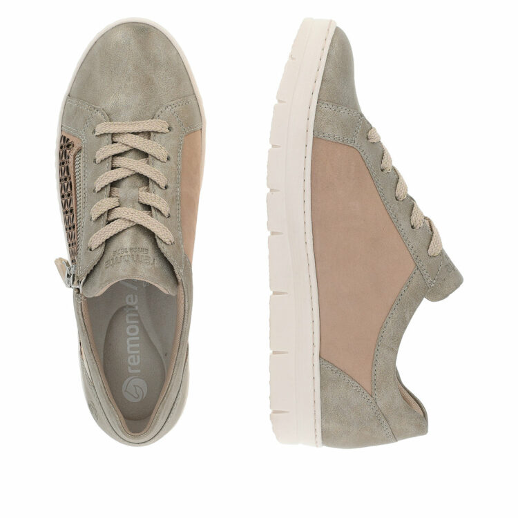 Baskets beige métallisées pour femme marque Remonte. Référence D5830-90 Perle. Disponible chez Chauss'Family magasin de chaussures à Issoire.