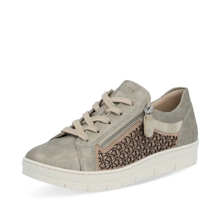 Baskets beige métallisées pour femme marque Remonte. Référence D5830-90 Perle. Disponible chez Chauss'Family magasin de chaussures à Issoire.