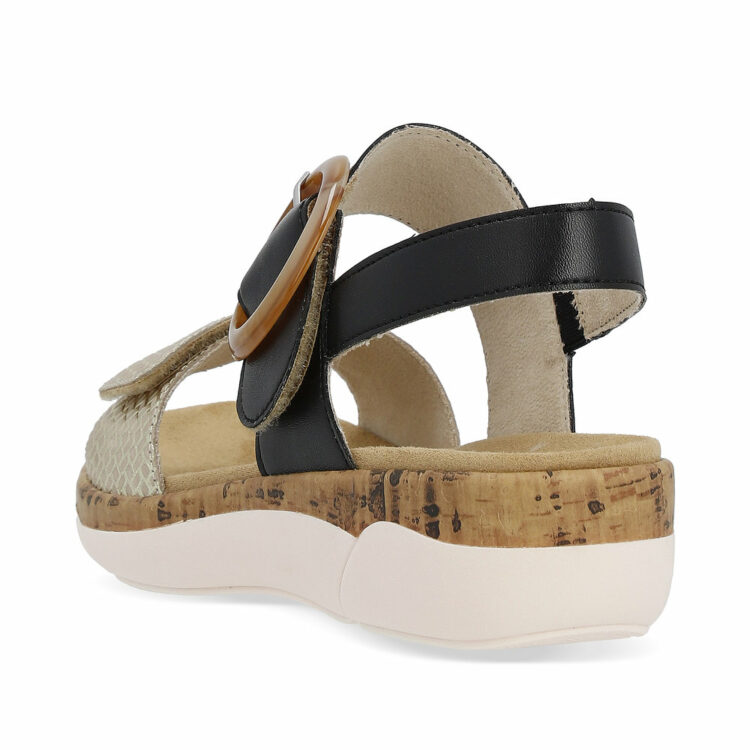 Sandales noir et beige avec semelles amovibles pour femme de la marque Remonte. Référence : R6853-02 Beige Schwarz. Disponible chez Chauss'Family à Issoire.