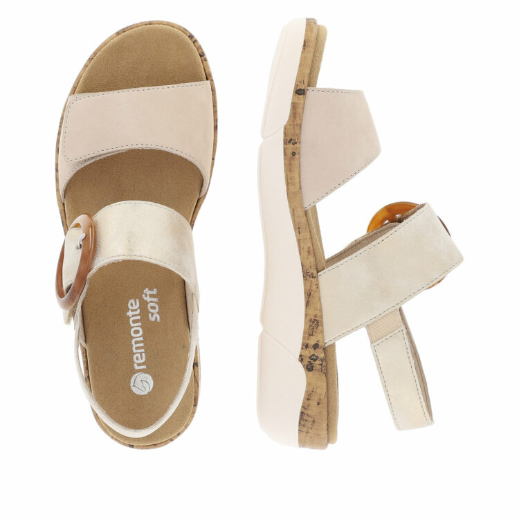 Sandales beiges avec semelles amovibles pour femme de la marque Remonte. Référence : R6853-61 Cliff. Disponible chez Chauss'Family à Issoire.