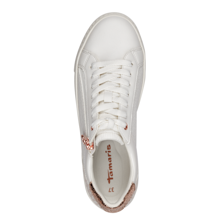 Sneakers blanches de la marque Tamaris. Référence 23313-41 119 Wht/rose gold. Disponible chez Chauss'Family magasin de chaussures à Issoire.