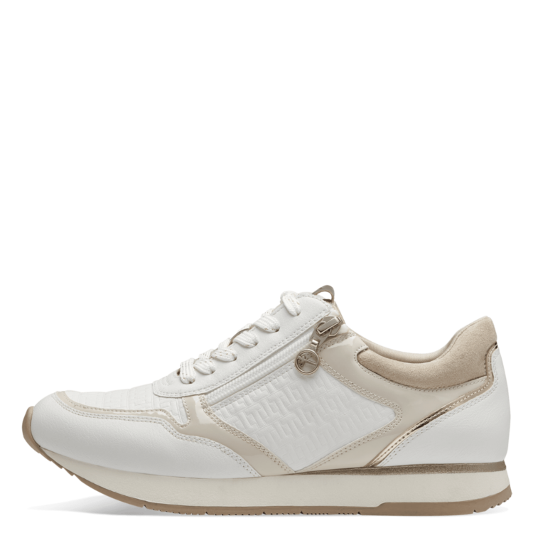 Sneakers blanches de la marque Tamaris. Référence 23603-42 147 Offwhite comb. Disponible chez Chauss'Family magasin de chaussures à Issoire.