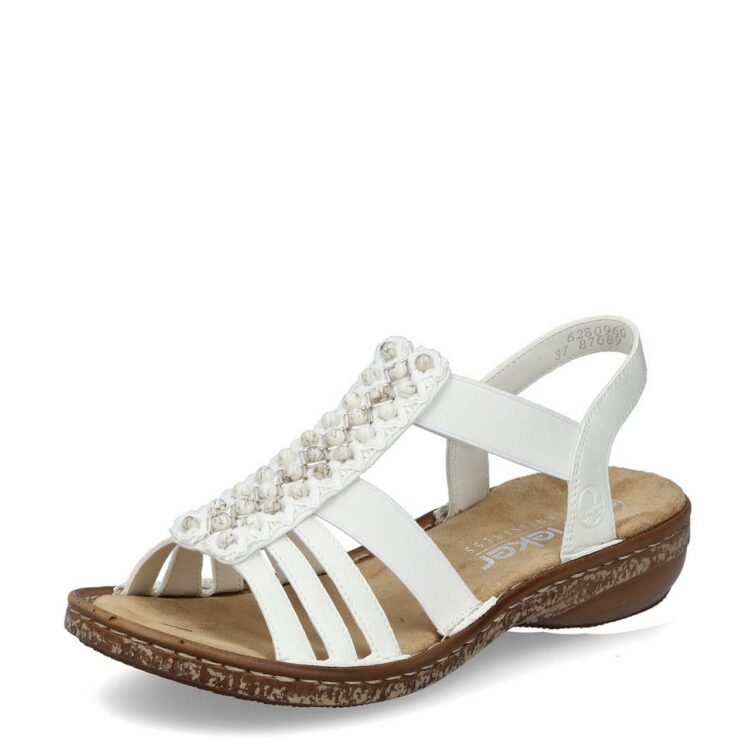 Sandales blanches pour femme de la marque Rieker. Référence : 62809-60 Cotton. Disponible chez Chauss'Family magasin de chaussures à Issoire.