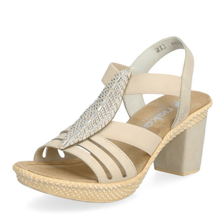 Sandales à talons pour femme de la marque Rieker. Référence : 66256-60 Perle. Disponible chez Chauss'Family magasin de chaussures à Issoire.