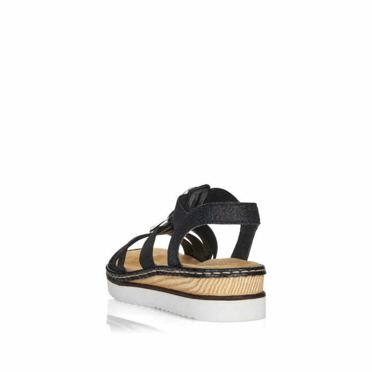 Sandales noires pour femme de la marque Rieker. Référence : 679L4-00 Schwarz. Disponible chez Chauss'Family magasin de chaussures à Issoire.