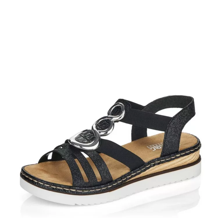 Sandales noires élastiquées Rieker pour femme. Référence : 679L4-00 Schwarz. Disponible chez Chauss'Family magasin de chaussures à Issoire.