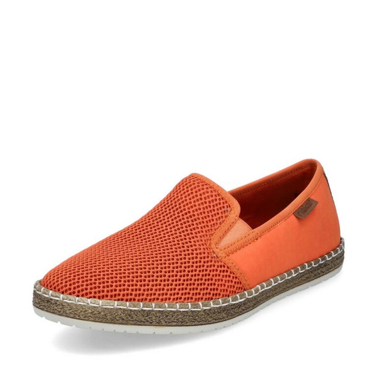 Mocassins toile de la marque Rieker. Référence B5265-38 Orange. Disponible chez Chauss'Family magasin de chaussures à Issoire.