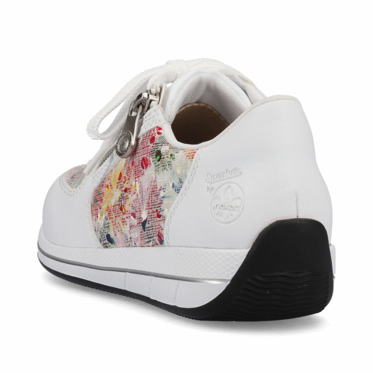 Baskets blanches à fleurs pour femme marque Rieker. Référence N1112-90 Weiss. Disponible chez Chauss'Family magasin de chaussures à Issoire.