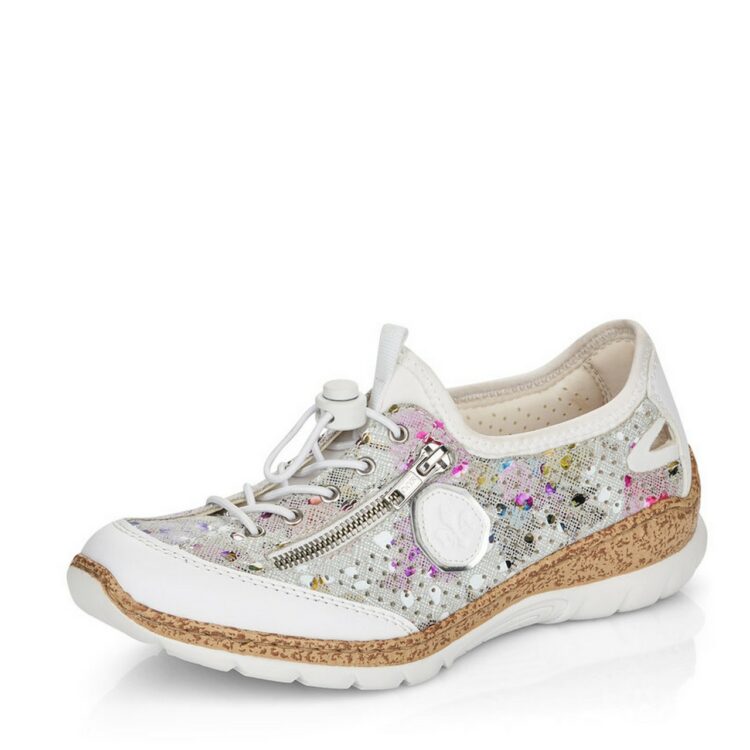 Baskets blanches à fleurs pour femme marque Rieker. Référence N42V1-90 Weiss. Disponible chez Chauss'Family magasin de chaussures à Issoire.