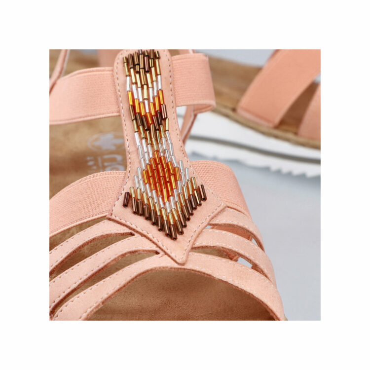 Sandales saumon pour femme de la marque Rieker. Référence : V0651-38 aprikot. Disponible chez Chauss'Family magasin de chaussures à Issoire.