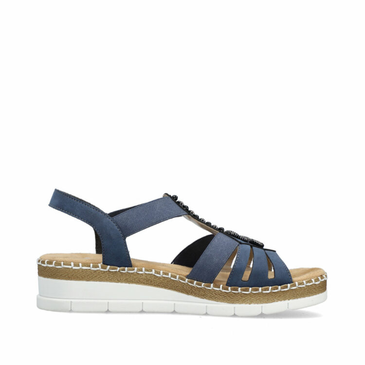 Sandales bleues compensées pour femme de la marque Rieker. Référence : V1206-14 jeans. Disponible chez Chauss'Family magasin de chaussures à Issoire.