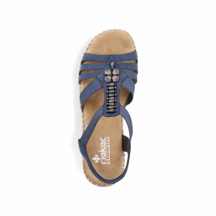Sandales bleues compensées pour femme de la marque Rieker. Référence : V1206-14 jeans. Disponible chez Chauss'Family magasin de chaussures à Issoire.