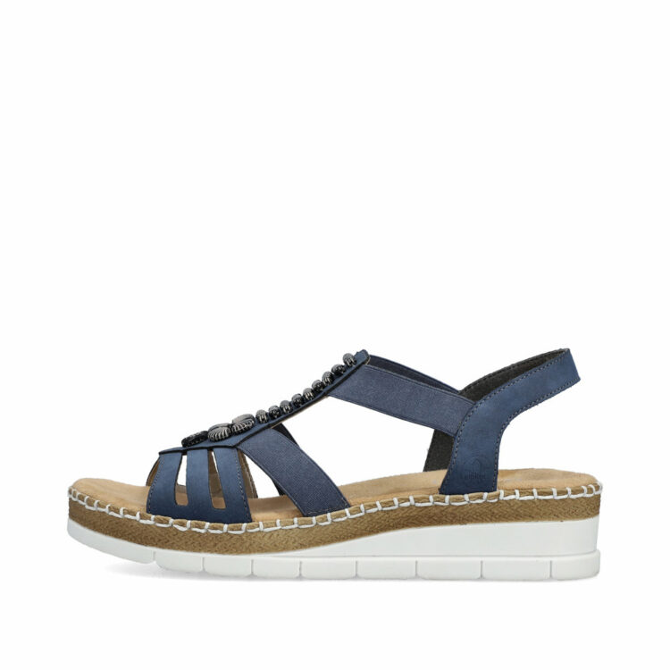 Sandales bleues compensées pour femme de la marque Rieker. Référence : V1206-14 jeans. Disponible chez Chauss'Family magasin de chaussures à Issoire.