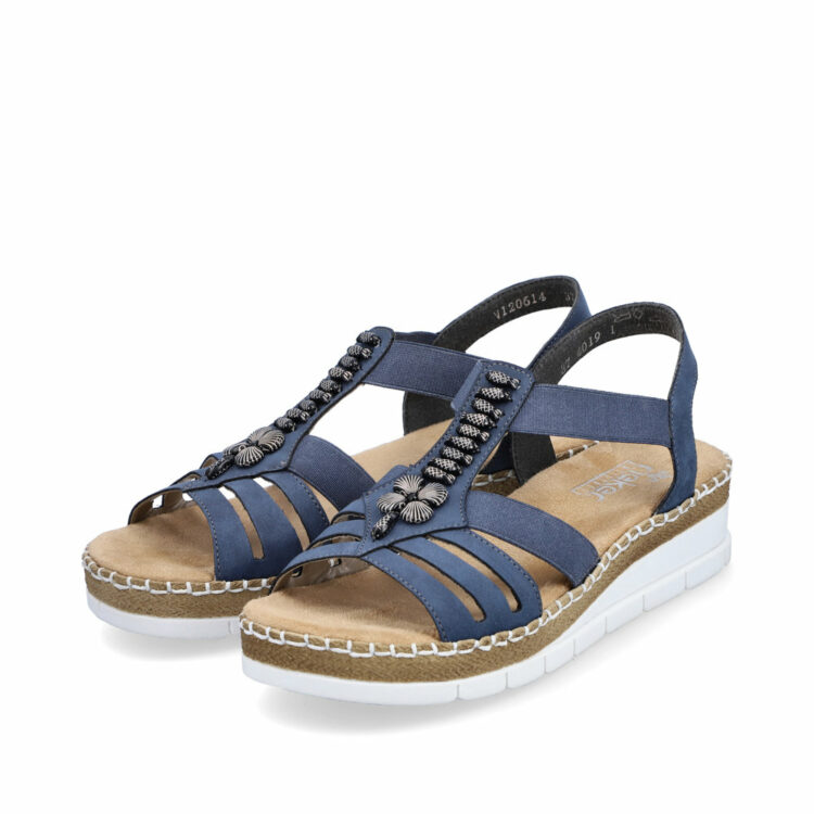Sandales bleues compensées pour femme de la marque Rieker. Référence : V1206-14 jeans. Disponible chez Chauss'Family magasin de chaussures à Issoire.