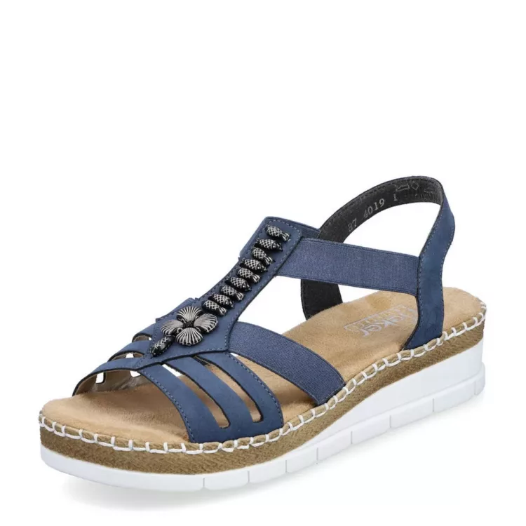 Sandales bleues compensées pour femme de la marque Rieker. Référence : V1206-14 jeans. Disponible chez Chauss'Family magasin de chaussures à Issoire.