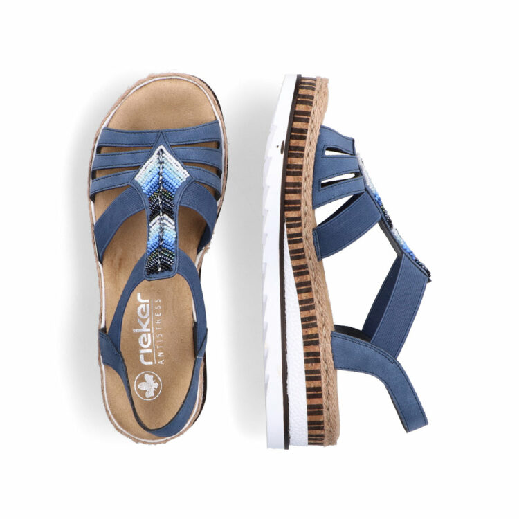 Sandales bleues pour femme de la marque Rieker. Référence : V7909-12 Tinte. Disponible chez Chauss'Family magasin de chaussures à Issoire.