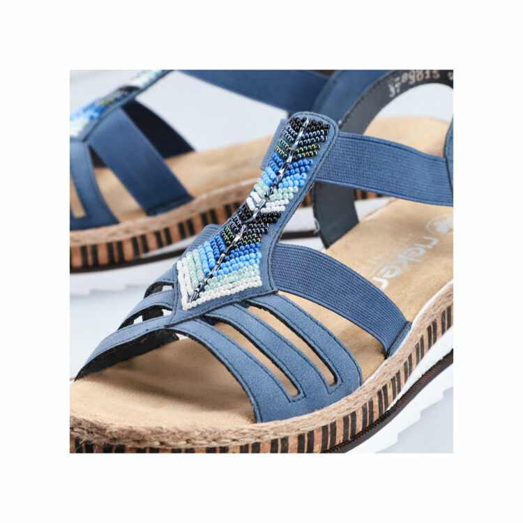 Sandales bleues pour femme de la marque Rieker. Référence : V7909-12 Tinte. Disponible chez Chauss'Family magasin de chaussures à Issoire.