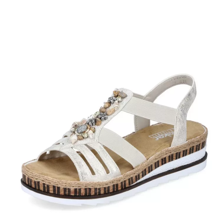 Sandales beiges à plateforme Rieker pour femme. Référence : V7949-90 Beige. Disponible chez Chauss'Family magasin de chaussures à Issoire.