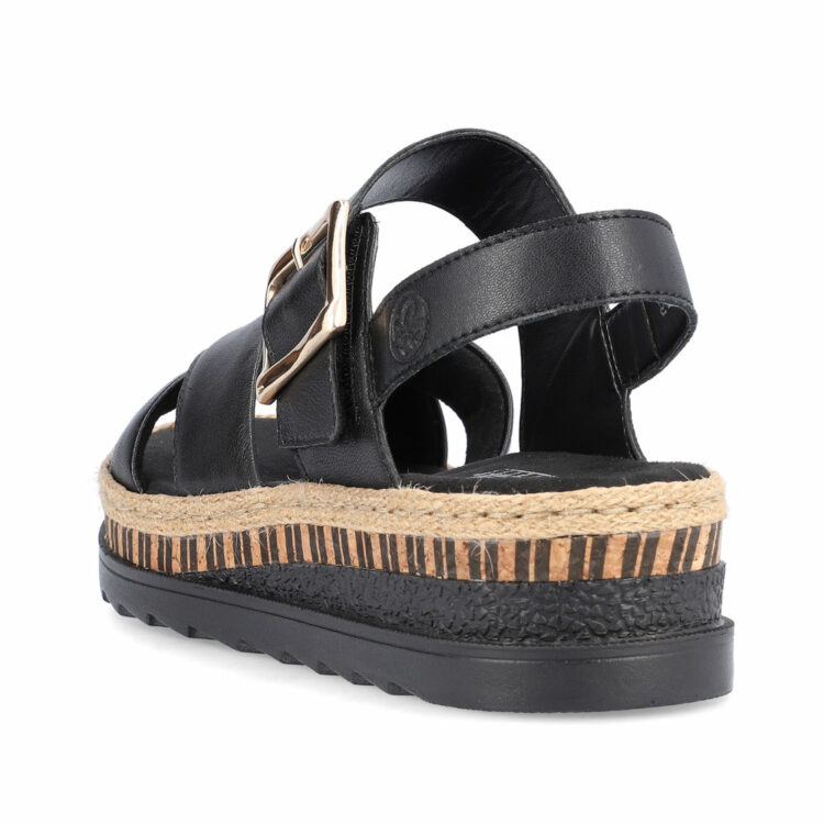Sandales noires pour femme de la marque Rieker. Référence : V7951-00 Schwarz. Disponible chez Chauss'Family magasin de chaussures à Issoire.