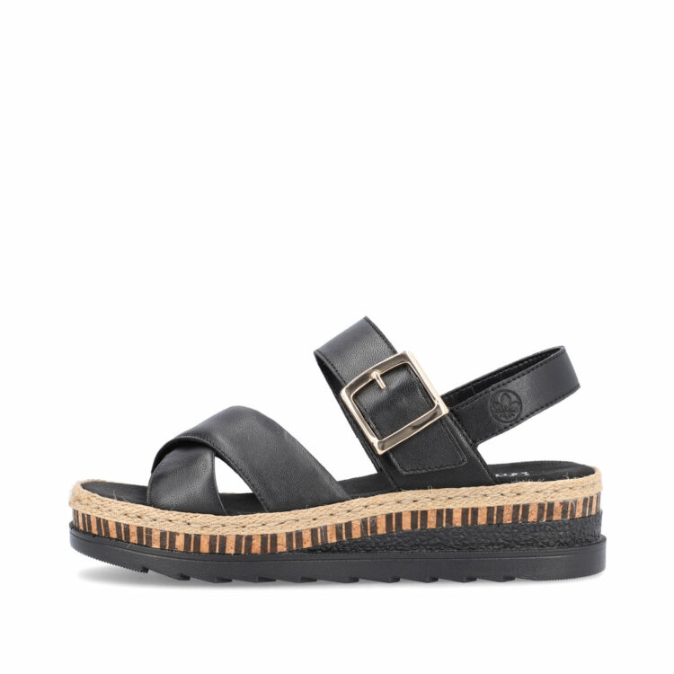 Sandales noires pour femme de la marque Rieker. Référence : V7951-00 Schwarz. Disponible chez Chauss'Family magasin de chaussures à Issoire.