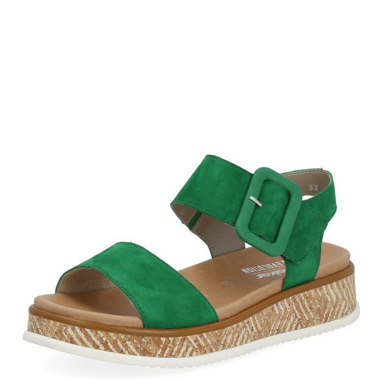 Sandales vertes pour femme de la marque Rieker. Référence : W0800-52 applegreen. Disponible chez Chauss'Family magasin de chaussures à Issoire.