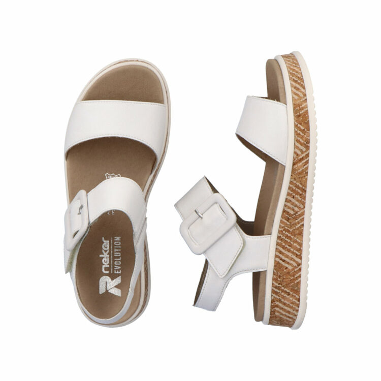 Sandales blanches pour femme de la marque Rieker. Référence : W0800-80 Blanc. Disponible chez Chauss'Family magasin de chaussures à Issoire.