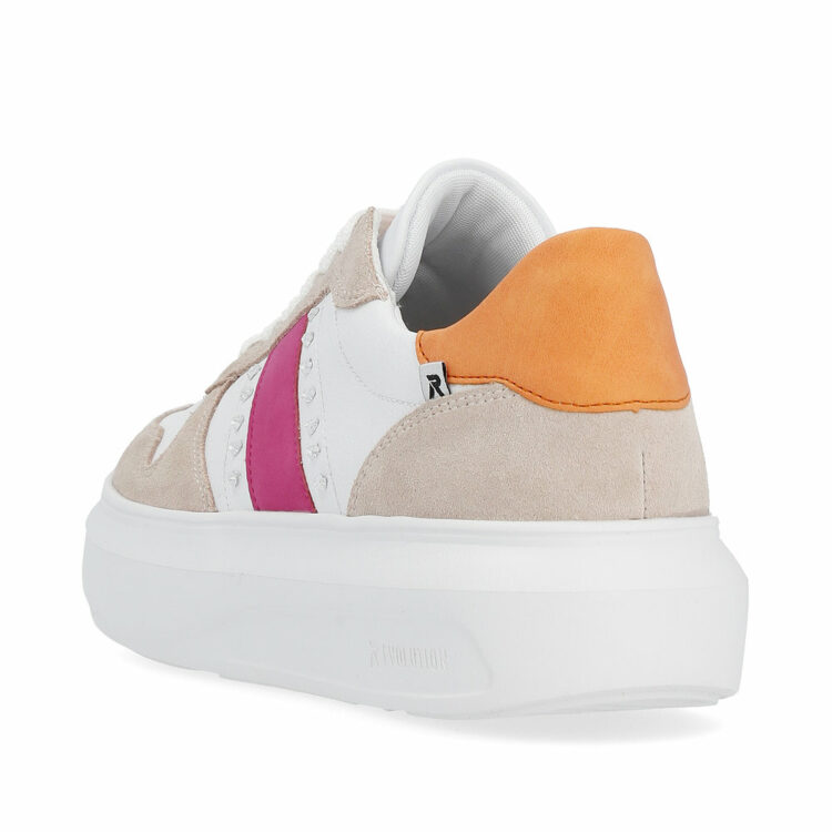 Baskets blanche et rose pour femme marque Rieker. Référence W1200-80 Lightrose. Disponible chez Chauss'Family magasin de chaussures à Issoire.