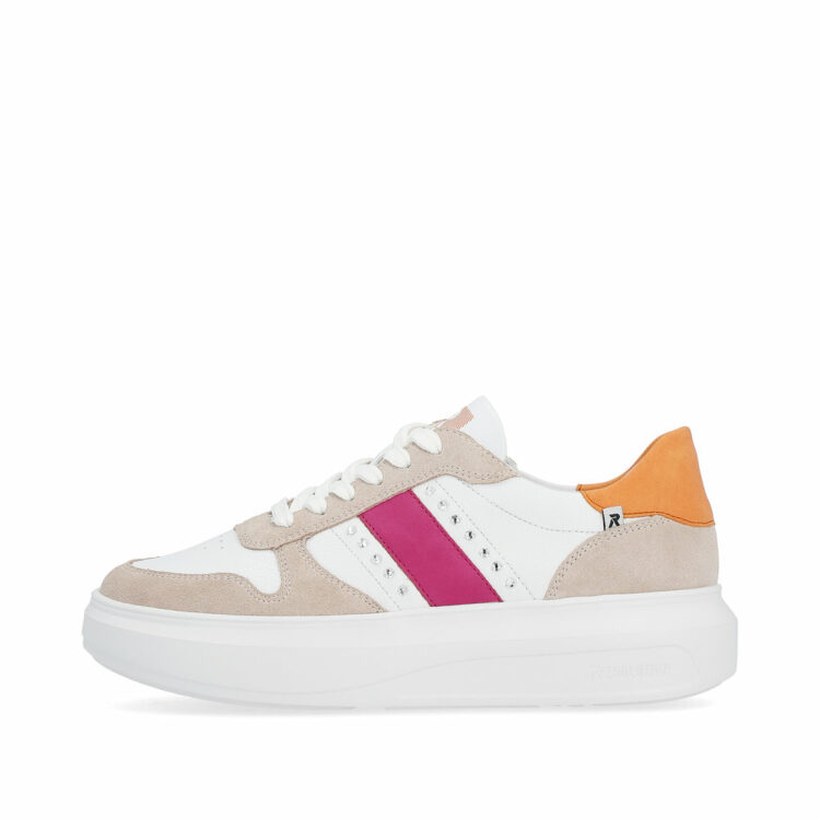 Baskets blanche et rose pour femme marque Rieker. Référence W1200-80 Lightrose. Disponible chez Chauss'Family magasin de chaussures à Issoire.