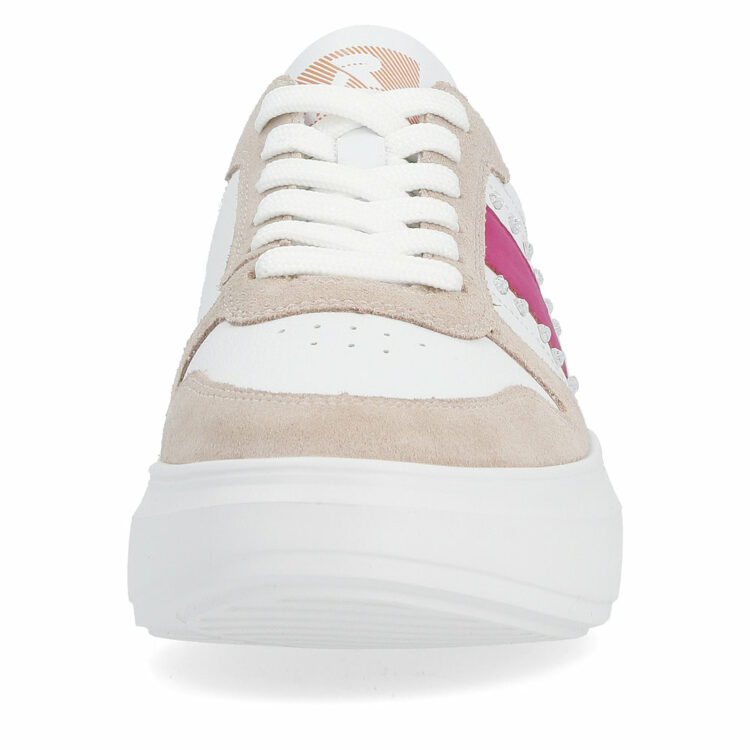 Baskets blanche et rose pour femme marque Rieker. Référence W1200-80 Lightrose. Disponible chez Chauss'Family magasin de chaussures à Issoire.