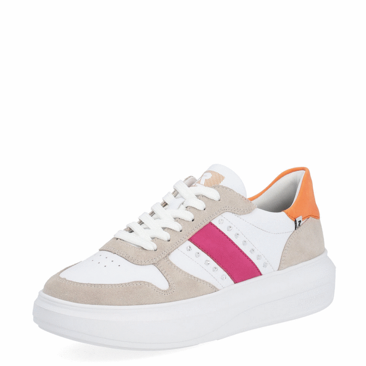 Baskets blanche et rose pour femme marque Rieker. Référence W1200-80 Lightrose. Disponible chez Chauss'Family magasin de chaussures à Issoire.