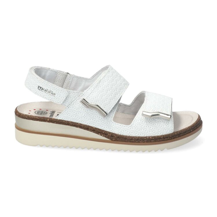 Sandales réglables blanches pour femme marque Mobils. Darcie White. Disponible chez Chauss'Family magasin de chaussures à Issoire.