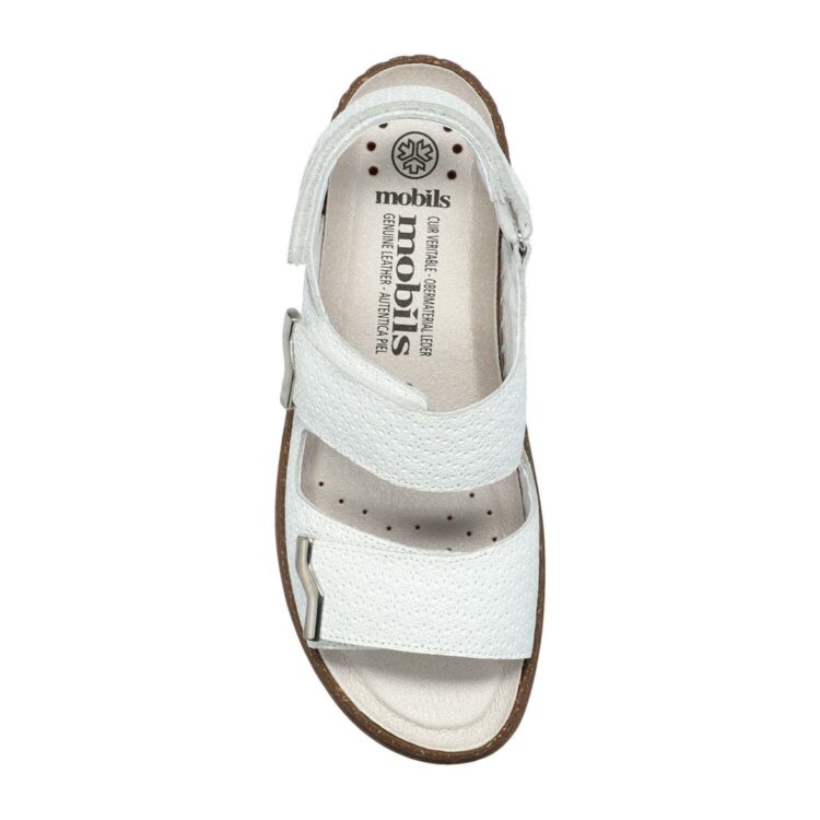 Sandales réglables blanches pour femme marque Mobils. Darcie White. Disponible chez Chauss'Family magasin de chaussures à Issoire.